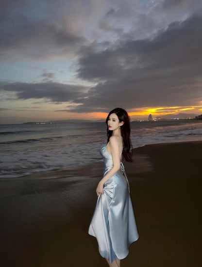 Light Blue Halter Prom Dresses Slim Long Evening Party Dress,LTP4145