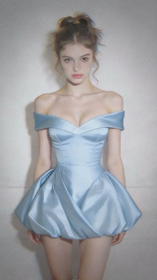 Light Blue Off The Shoulder A-line Party Dresses Satin Hoco Dress,LTP4479