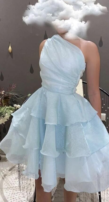 Light Blue One Shoulder Organza Homecoming Dresses Custom Made Hoco Dress, LTP3130