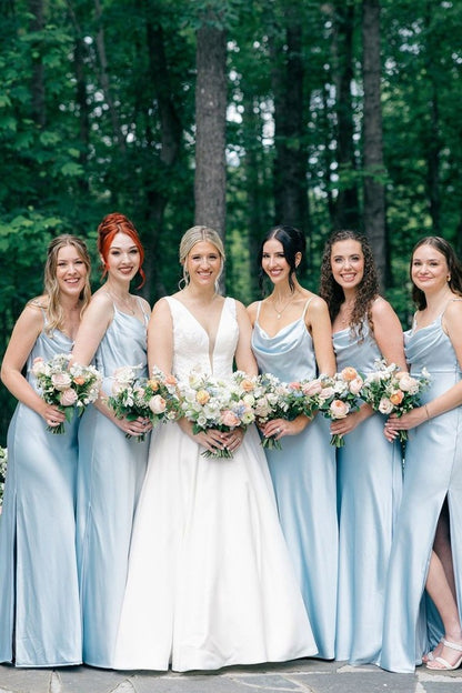 Light Blue Satin Bridesmaid Dresses Side Slit Wedding Party Dress,LTP4110