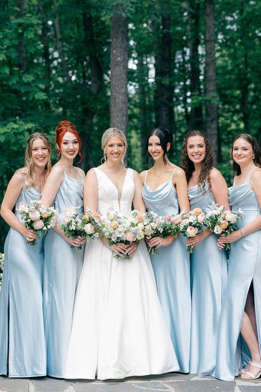 Light Blue Satin Bridesmaid Dresses Side Slit Wedding Party Dress,LTP4110