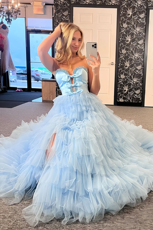 Light Blue Sweetheart Bowknot Party Dress, Ruffle Tulle Evening Dress, LTP3720