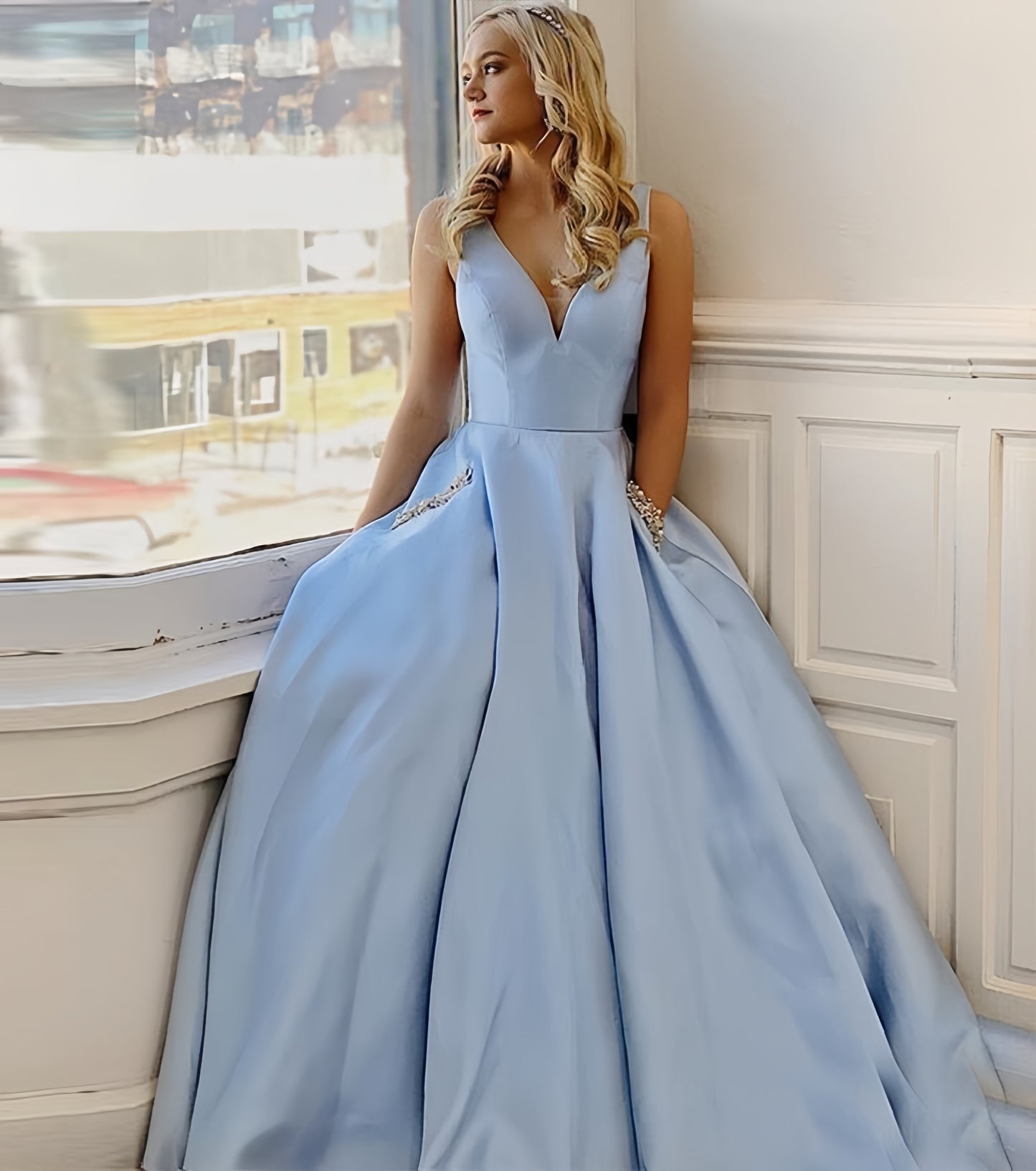 Light Blue V-Neck Prom Dresses Beaded Satin Evening Party Dress With Pockets,LTP4099