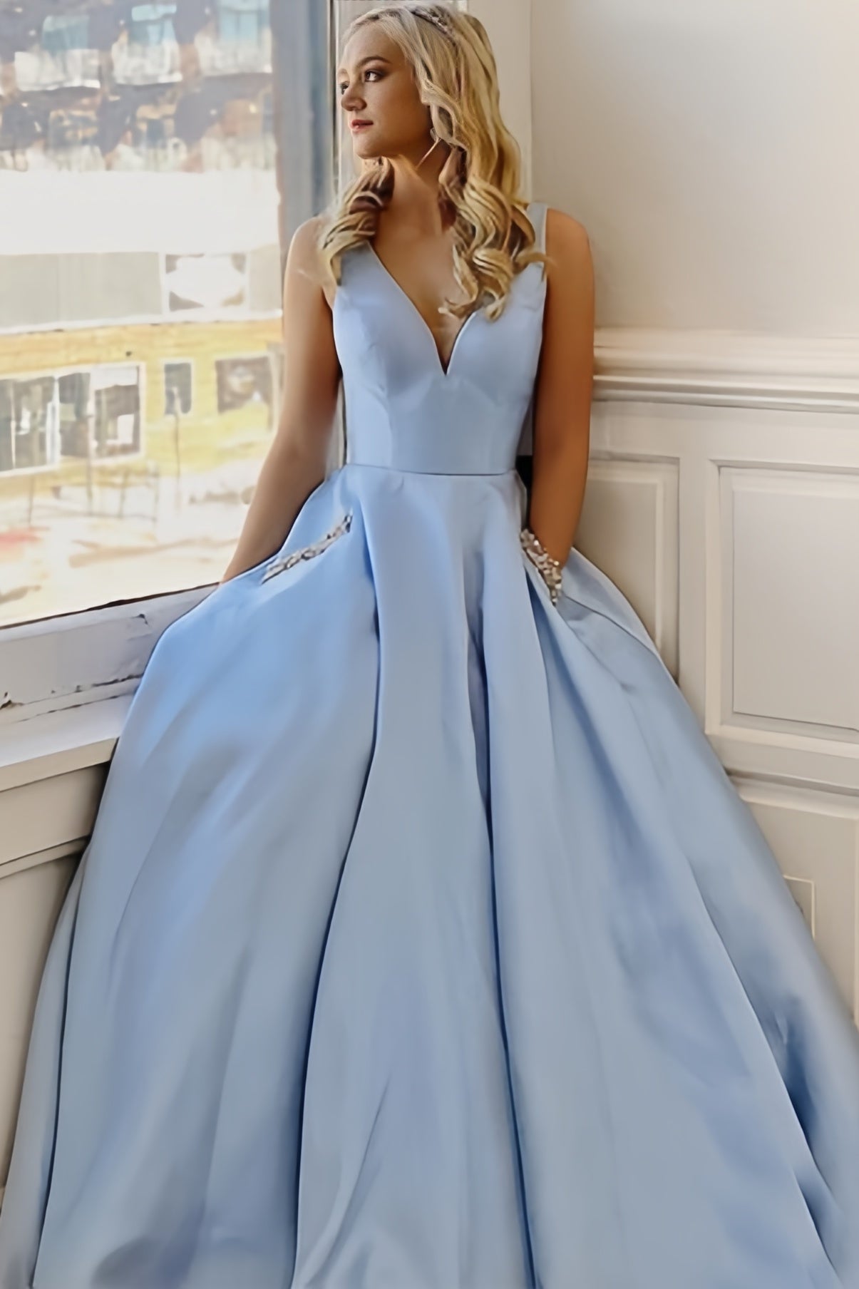 Light Blue V-Neck Prom Dresses Beaded Satin Evening Party Dress With Pockets,LTP4099