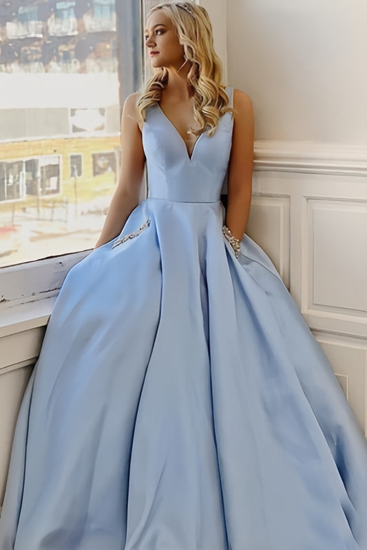 Light Blue V-Neck Prom Dresses Beaded Satin Evening Party Dress With Pockets,LTP4099
