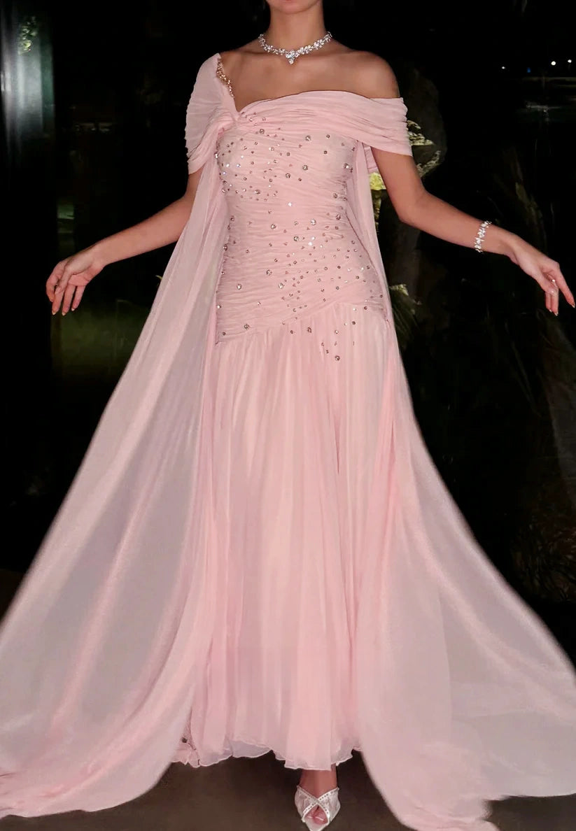 Light Pink Beaded Chiffon Prom Dresses Off The Shoulder Evening Party Dress,LTP4272