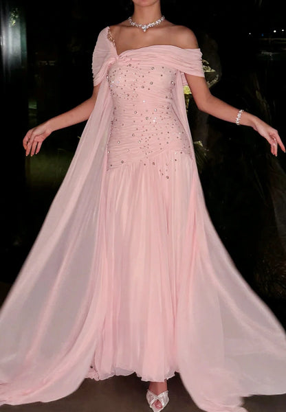 Light Pink Beaded Chiffon Prom Dresses Off The Shoulder Evening Party Dress,LTP4272