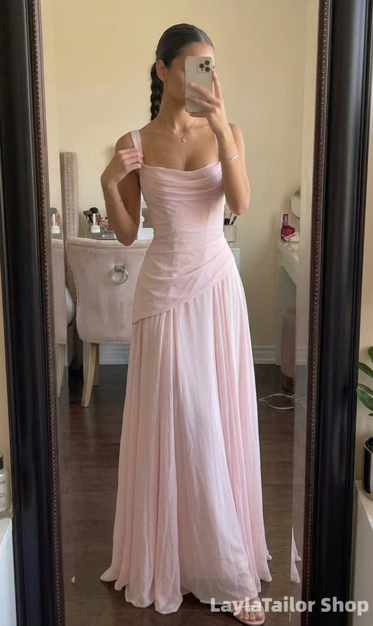 Light Pink Pleated Chiffon Long Prom Dress, Bridesmaid Dresses LTP82738