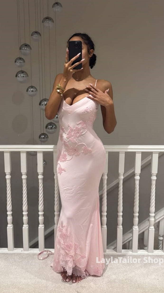 Light Pink Spaghetti Straps Floral Prom Dresses Birthday Party Dress Bridesmaid Gown,LTP4569
