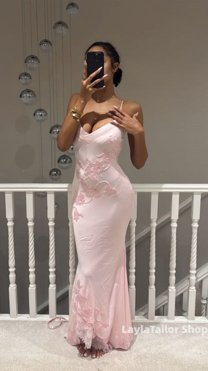 Light Pink Spaghetti Straps Floral Prom Dresses Birthday Party Dress Bridesmaid Gown,LTP4569