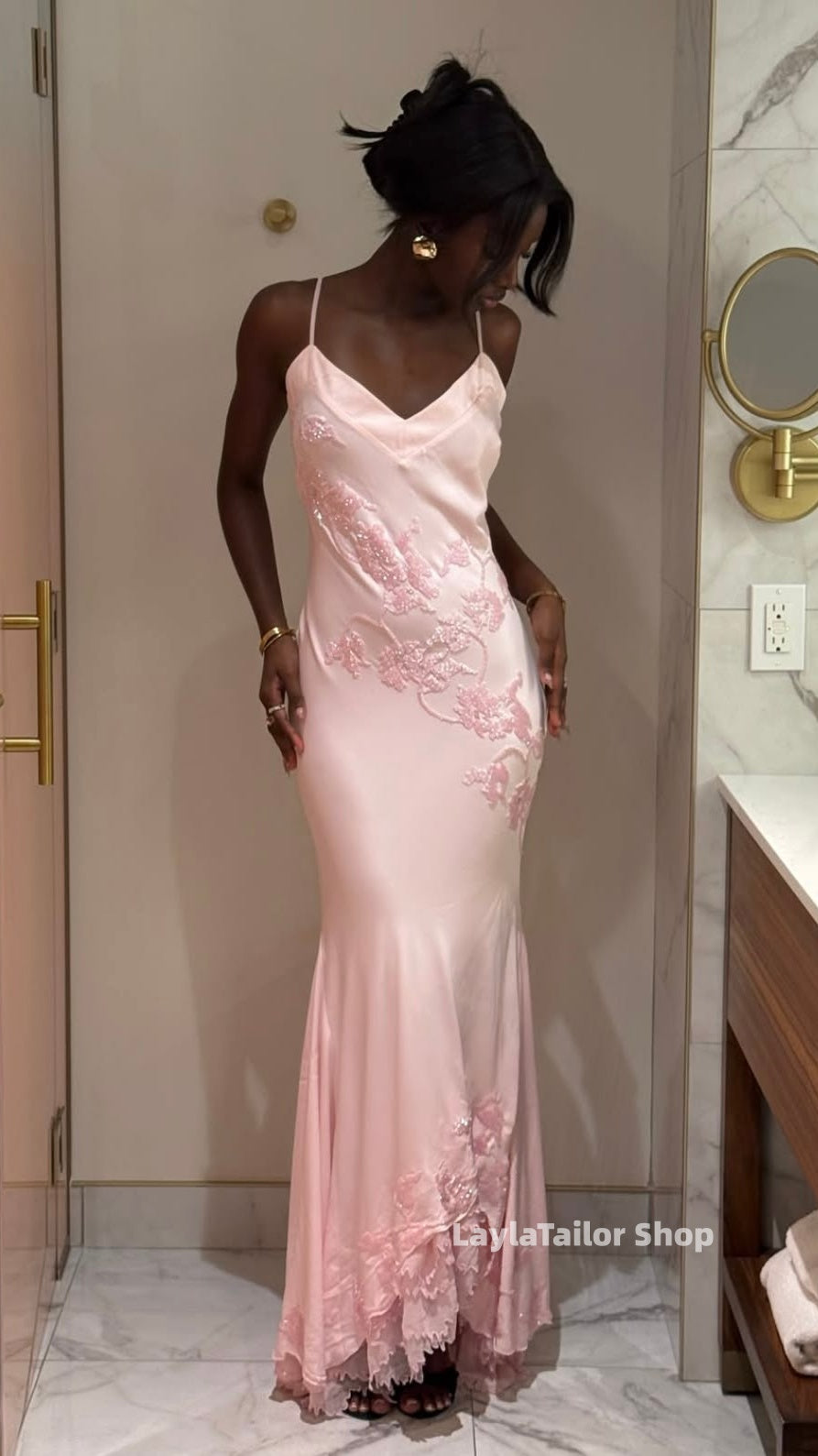 Light Pink Spaghetti Straps Floral Prom Dresses Birthday Party Dress Bridesmaid Gown,LTP4569