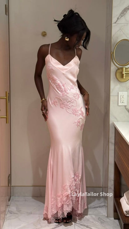 Light Pink Spaghetti Straps Floral Prom Dresses Birthday Party Dress Bridesmaid Gown,LTP4569