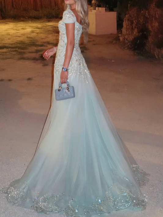 Light Sky Blue Tulle Cap Sleeve Floor Long Prom Dress With Beaded Embroidery,LTP82779