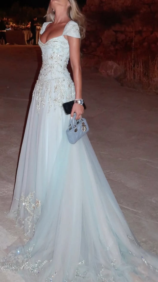 Light Sky Blue Tulle Cap Sleeve Floor Long Prom Dress With Beaded Embroidery,LTP82779