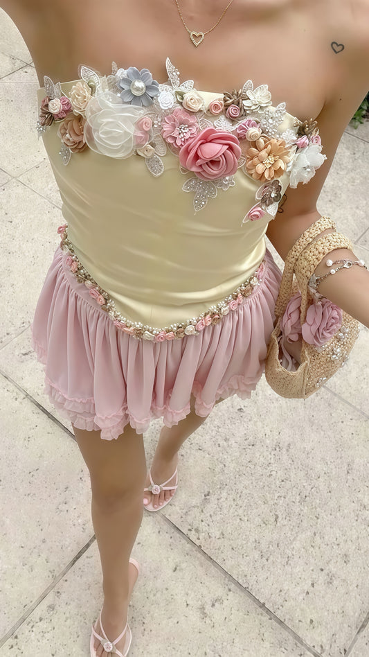 Light Yellow Pink 3D Floral Mini Party Dress Strapless Beaded Homecoming Dress, LTP3763