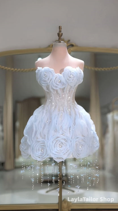 Light Blue Floral Homecoming Dress Sweetheart Beaded Birthday Dresses
