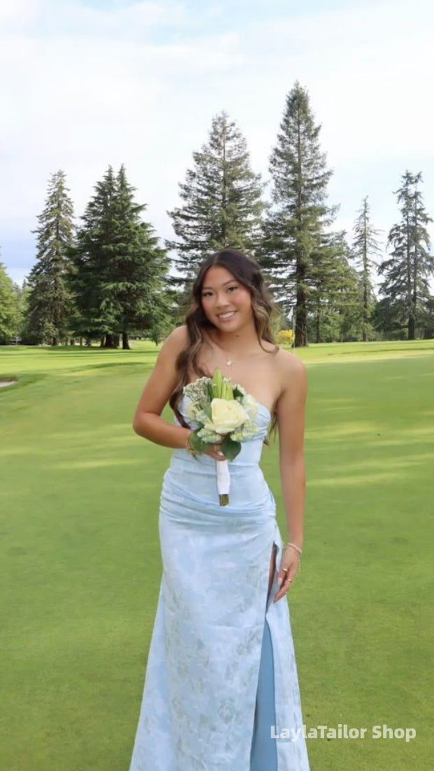 Light Blue Floral Prom Dresses Jacquard Bodycon Party Dress With Slit,LTP4515