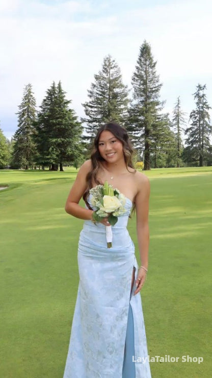 Light Blue Floral Prom Dresses Jacquard Bodycon Party Dress With Slit,LTP4515