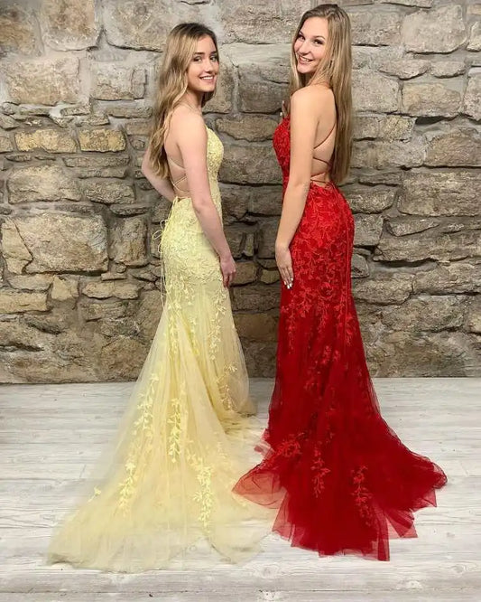 Mermaid Appliques Cross Back Long Prom Dress