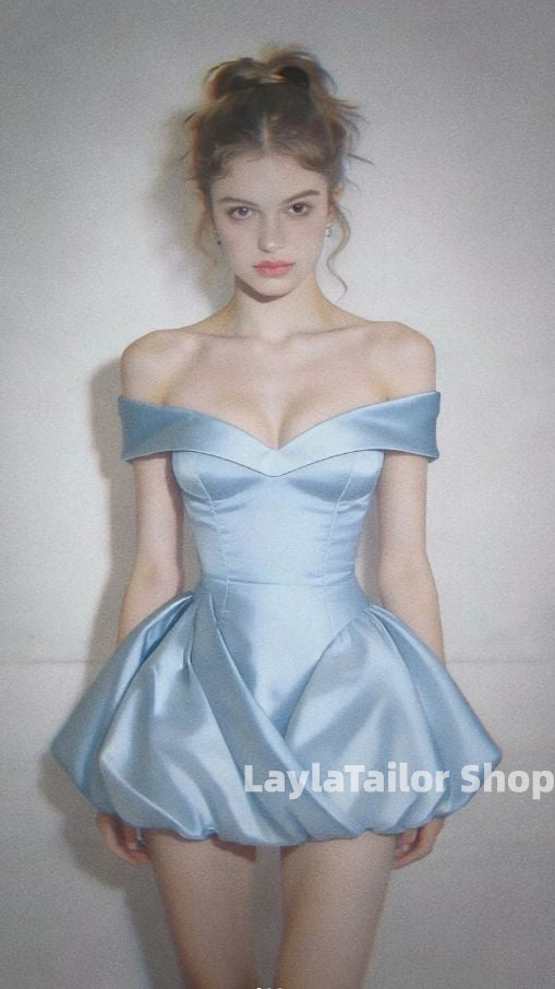 Light Blue Off The Shoulder A-line Party Dresses Satin Hoco Dress,LTP4479