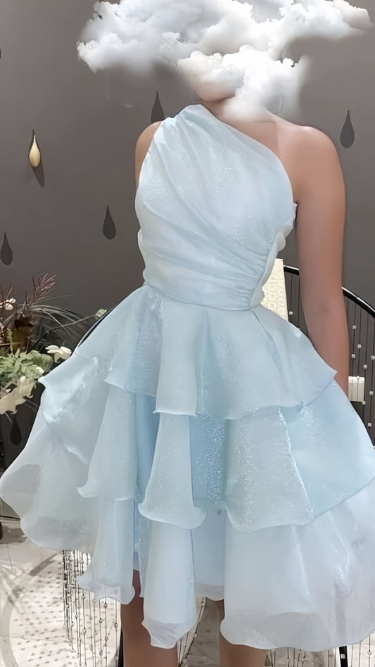 Light Blue One Shoulder Organza Homecoming Dresses Custom Made Hoco Dress, LTP3130