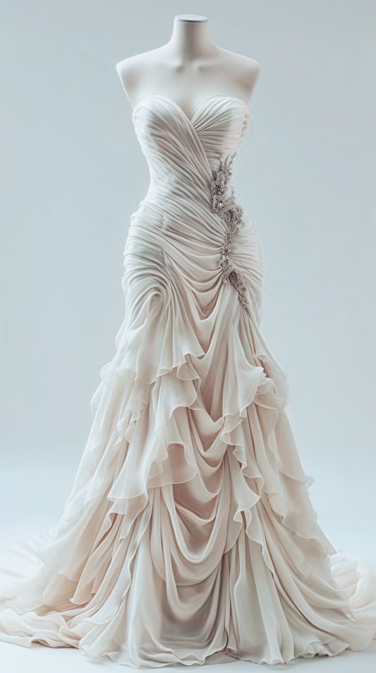 Light Champagne Chiffon Ruffle Prom Dresses With Applique Beads, LTP3474