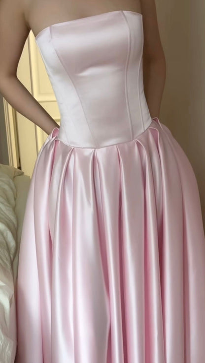 Light Pink Prom Dresses Strapless Evening Dress A-Line Party Dress Satin Formal Outfits,LTP4263