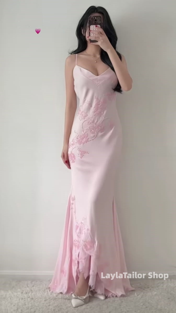 Light Pink Spaghetti Straps Floral Prom Dresses Birthday Party Dress Bridesmaid Gown,LTP4569