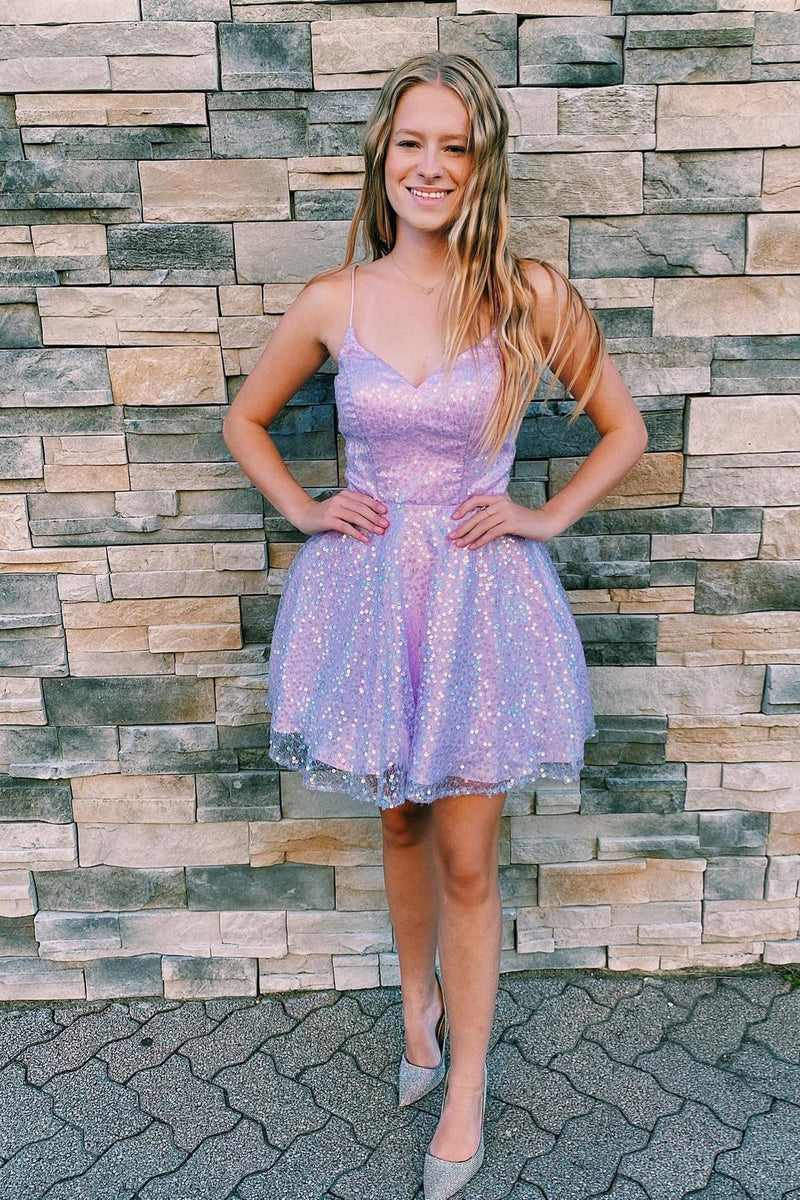 Lilac A-Line Sequin Junior/Senior Homecoming Dresses, LTP3206