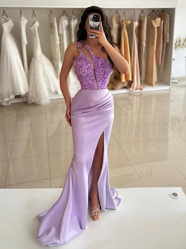 Lilac One Shoulder Mermaid Long Prom Dresses Sequins Evening Gown, LTP2979