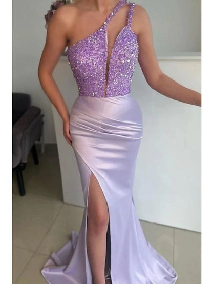 Lilac One Shoulder Mermaid Long Prom Dresses Sequins Evening Gown, LTP2979