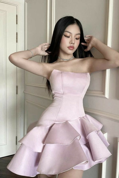Lilac Pink Ruffle Homecoming Dresses Strapless Mini Party Dress Short Prom Dresses,LTP3912