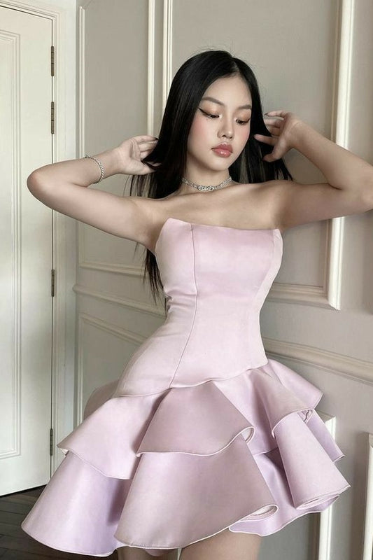 Lilac Pink Ruffle Homecoming Dresses Strapless Mini Party Dress Short Prom Dresses,LTP3912