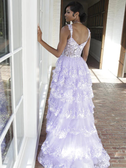 Lilac Sequin Lace Ruffles Prom Dress Split Evening Gown