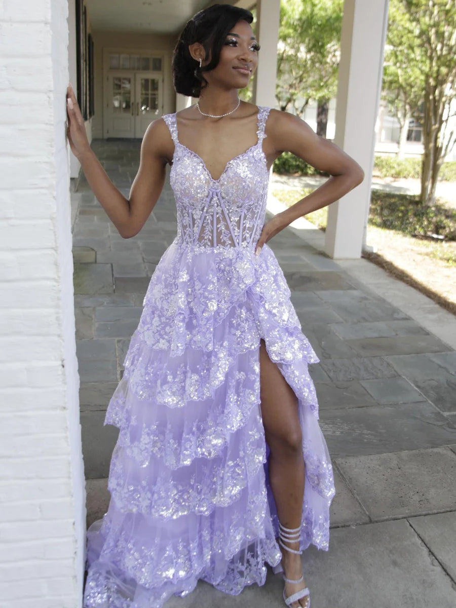 Lilac Sequin Lace Ruffles Prom Dress Split Evening Gown