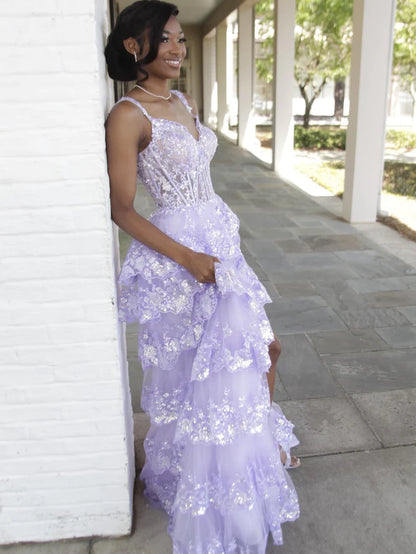 Lilac Sequin Lace Ruffles Prom Dress Split Evening Gown