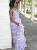 Lilac Sequin Lace Ruffles Prom Dress Split Evening Gown