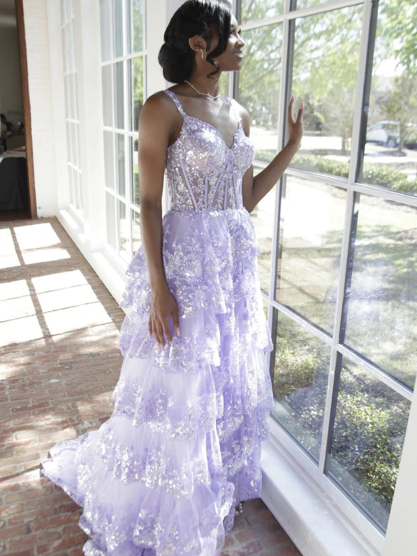 Lilac Sequin Lace Ruffles Prom Dress Split Evening Gown