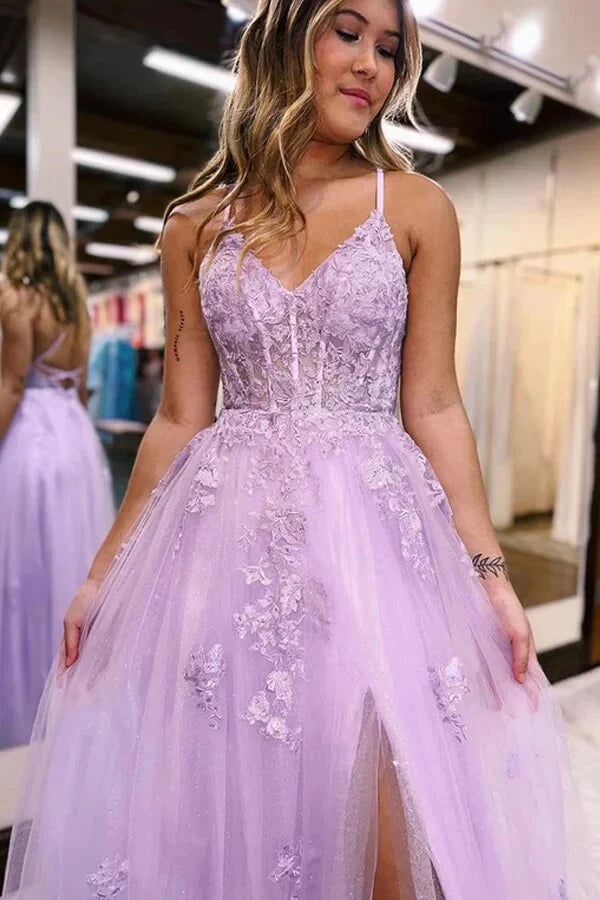 Lilac Appliques V-Neck Tulle Long Prom Dress