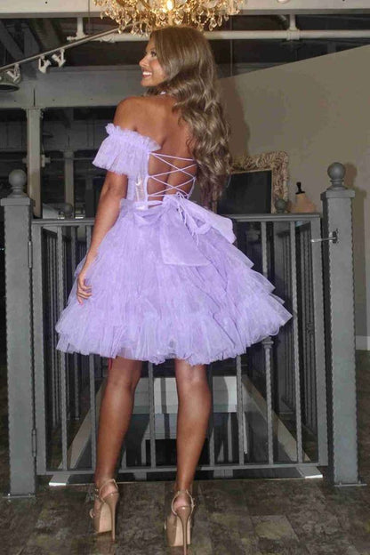 Lilac Tulle Homecoming Dress Off The Shoulder Ruched Mini Hoco Dresses, LTP2924