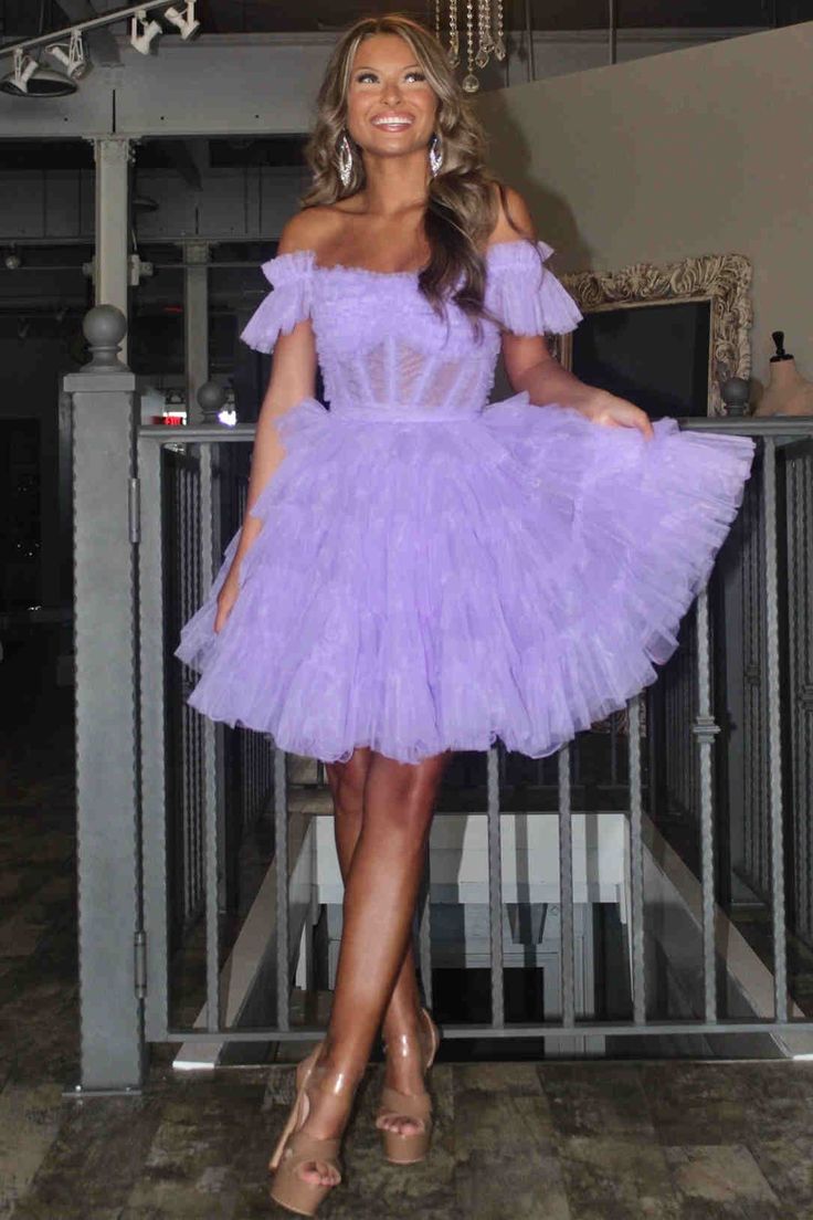 Lilac Tulle Homecoming Dress Off The Shoulder Ruched Mini Hoco Dresses, LTP2924