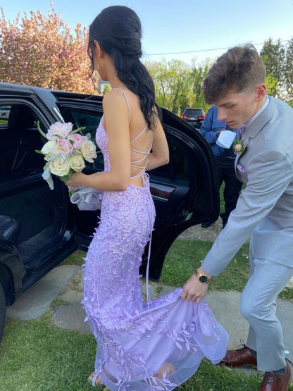 Lilac Mermaid Appliques Long Evening Prom Dresses