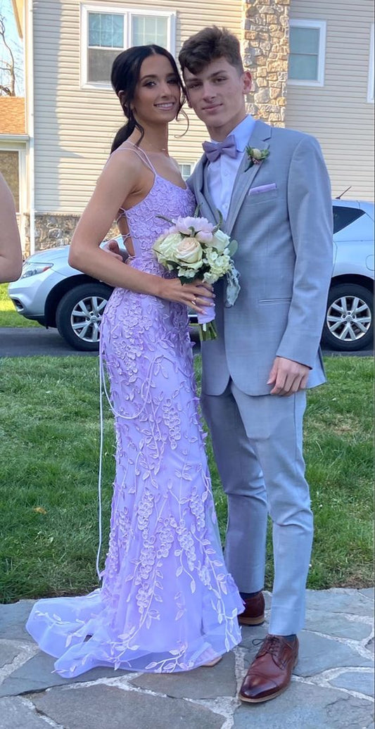 Lilac Mermaid Appliques Long Evening Prom Dresses