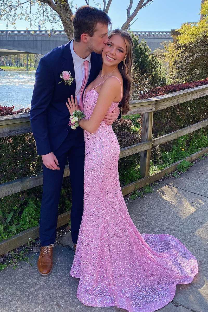 Spaghetti Straps Pink Sequined Mermaid Prom Dress