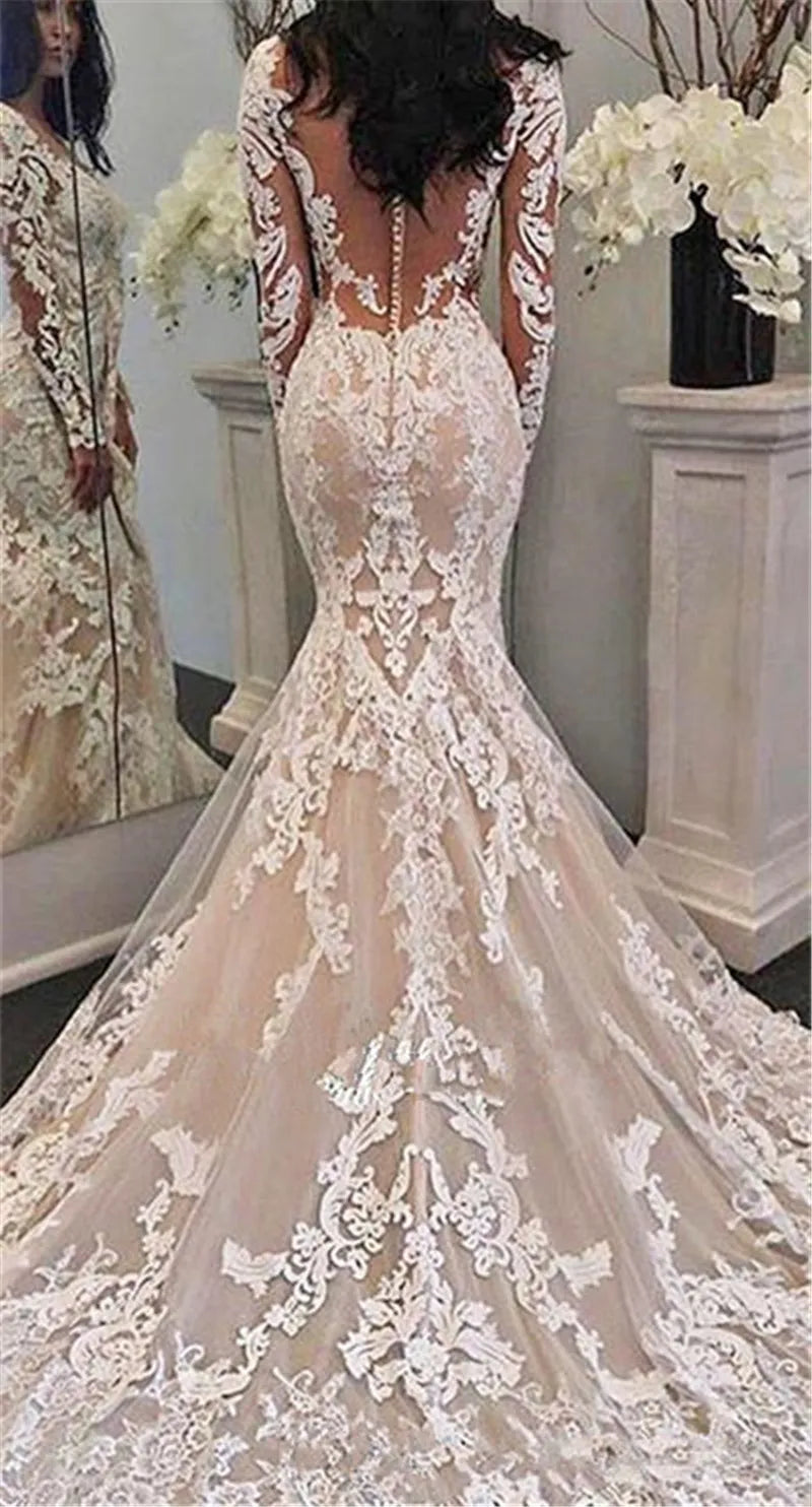 Long Sleeves Champagne Mermaid Wedding Dresses Lace Illusion Neck Bridal Dress