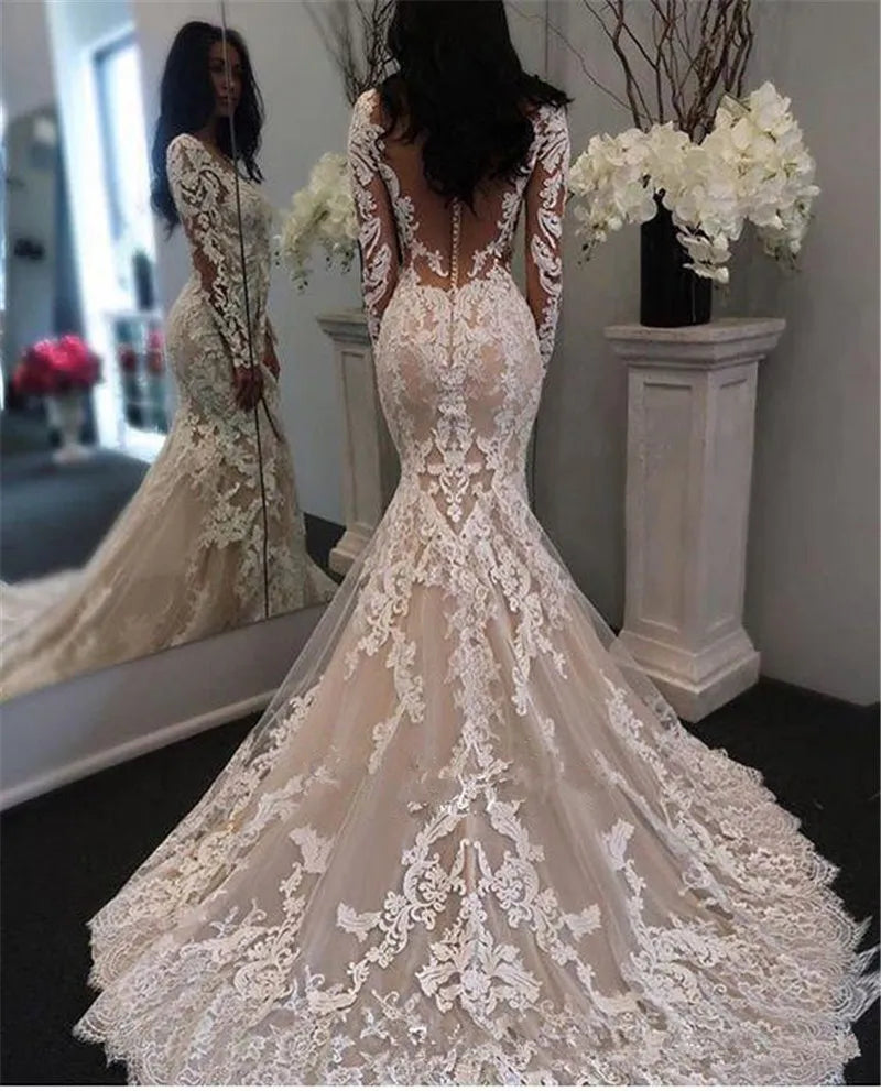 Long Sleeves Champagne Mermaid Wedding Dresses Lace Illusion Neck Bridal Dress