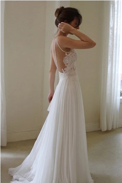 Lovely Open Back White Tulle Wedding Dresses Floor Length Bridal Gowns