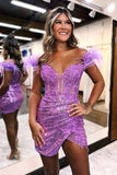 Lovely Sequin Bodycon Homecoming Dresses Feather Shoulder Hoco Dress