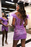 Lovely Sequin Bodycon Homecoming Dresses Feather Shoulder Hoco Dress