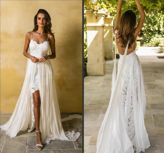 Lovely Spaghetti Straps Lace Chiffon Beach Wedding Dresses